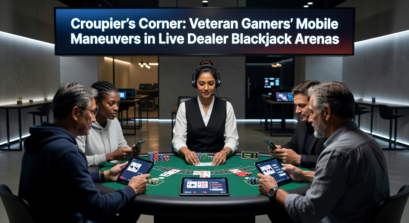 Veteran player intently focused on mobile screen during live dealer blackjack session, cards and chips visible in high-stakes arena