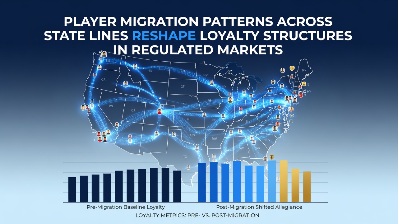 Map showing player movement trends between regulated gaming states with arrows indicating migration flows and loyalty program adjustments