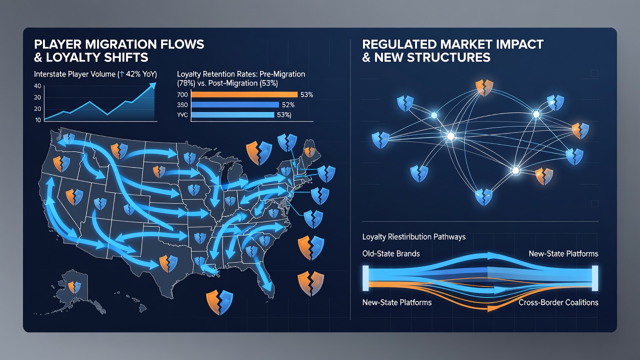Casino loyalty program dashboard displaying tier adjustments and player migration statistics across state boundaries