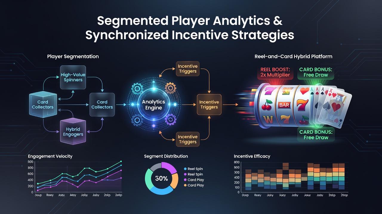 Analytics dashboard displaying synchronized bonus triggers between slot reels and card tables for different player segments