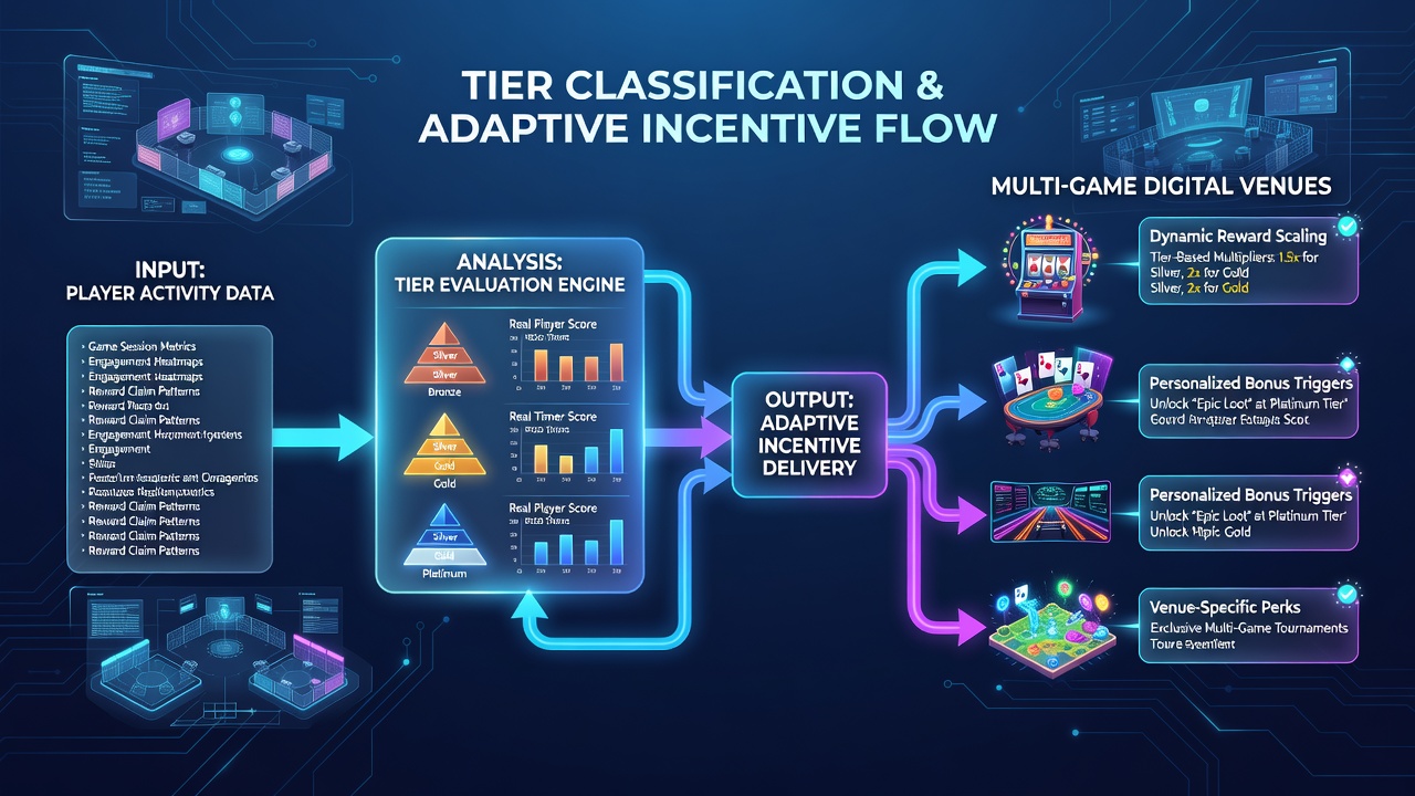 Analytics dashboard showing tier-based reward distribution and player engagement metrics in a multi-game casino platform